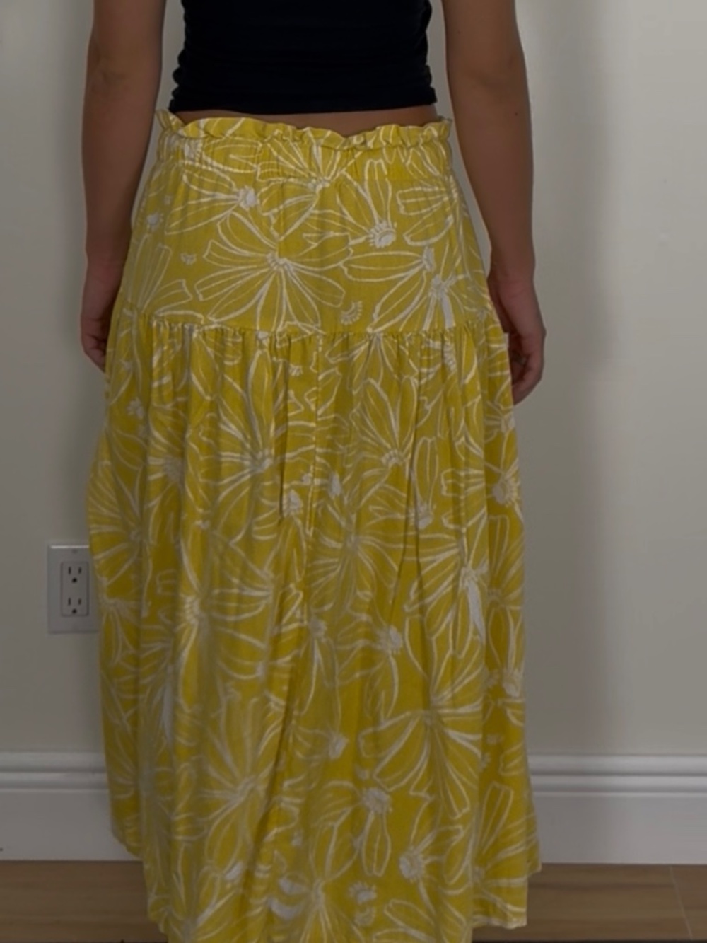 Universal Thread Yellow Floral Midi Skirt Linen Blend Tie Waist Boho Flowy - Picture 2 of 4